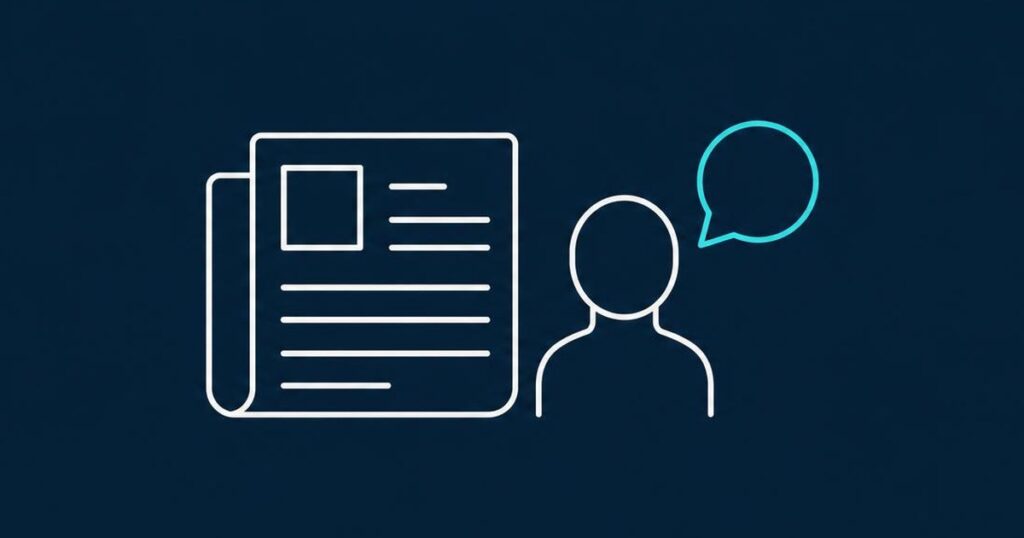 Line-Icon: Zeitungsseite neben einer Person mit Sprechblase – Headhunter oder Stellenanzeige für die Chefarztstelle