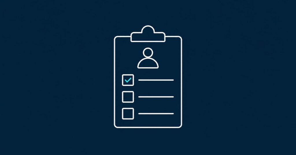 Line-Icon eines Klemmbretts mit Personensilhouette und abgehakter Kriterienliste – Symbol für das Anforderungsprofil eines Chefarztes